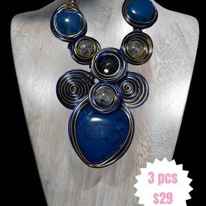 Elegant Royal Blue and Gold Statement Necklace with Matching Earrings